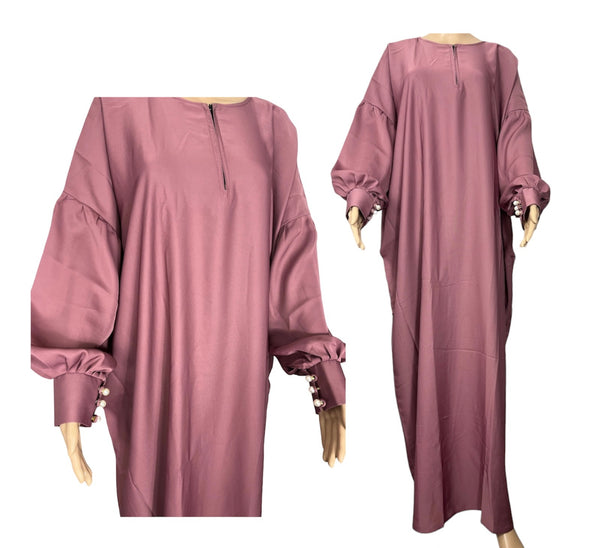 Mysha Pleated Button Sleeve Loose Straight Abaya - Dusty Pink